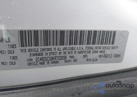 2019 Dodge Grand Caravan Sxt из США, поврежденный, VIN 2C4RDGCG9KR723299